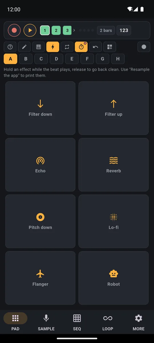 The eight hold-down effects in PadLoop: Filter down, Filter up, Echo, Reverb, Pitch down, Lo-fi, Flanger and Robot