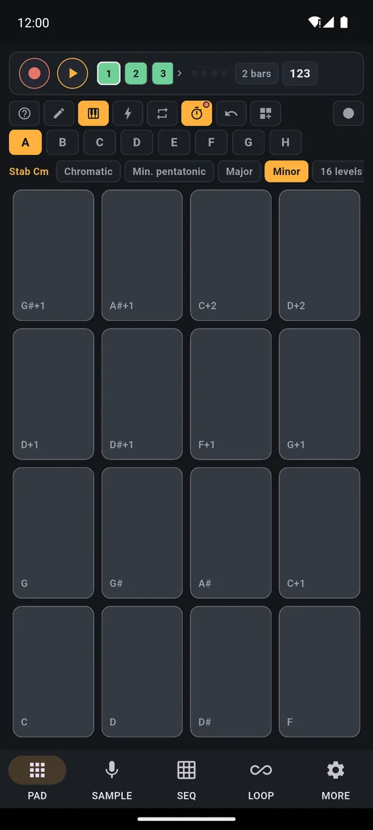 PadLoop Keyboard: one sound spread over the 16 pads as notes of the Minor scale, with the scale buttons at the top