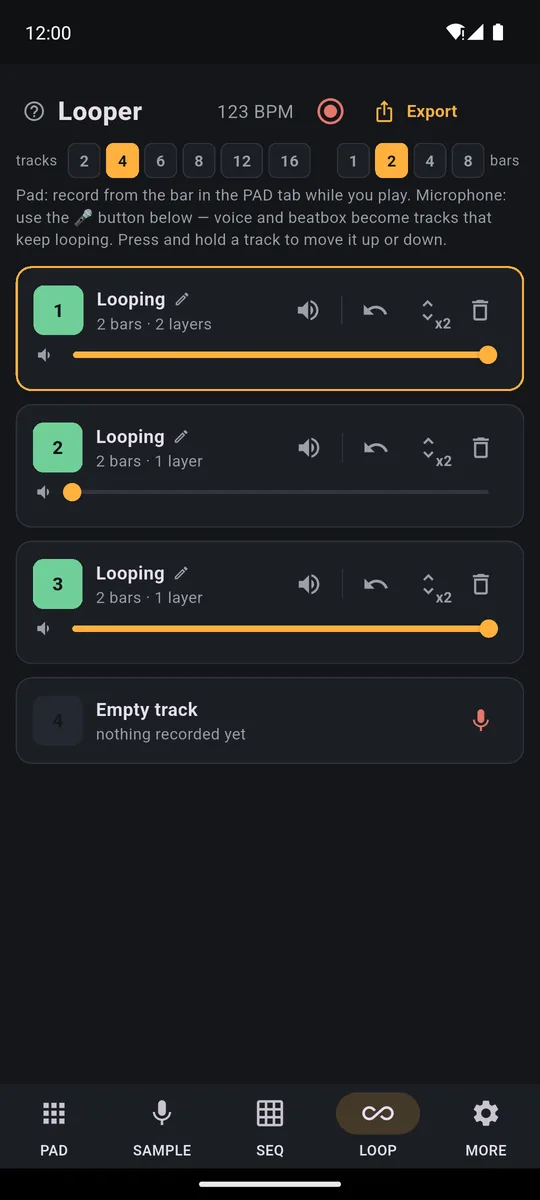 PadLoop LOOP tab: three 2-bar tracks looping, each with volume, mute, undo and delete, and an empty track ready for the microphone