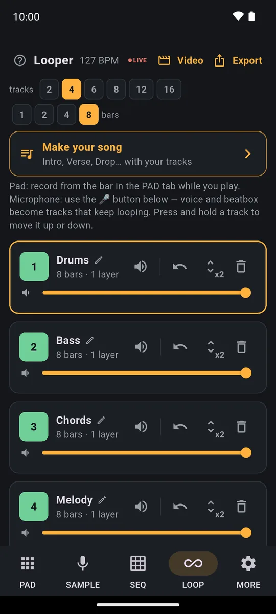 PadLoop LOOP tab after a Random Beat: four 8-bar tracks named Drums, Bass, Chords and Melody, each with volume, mute, undo and delete
