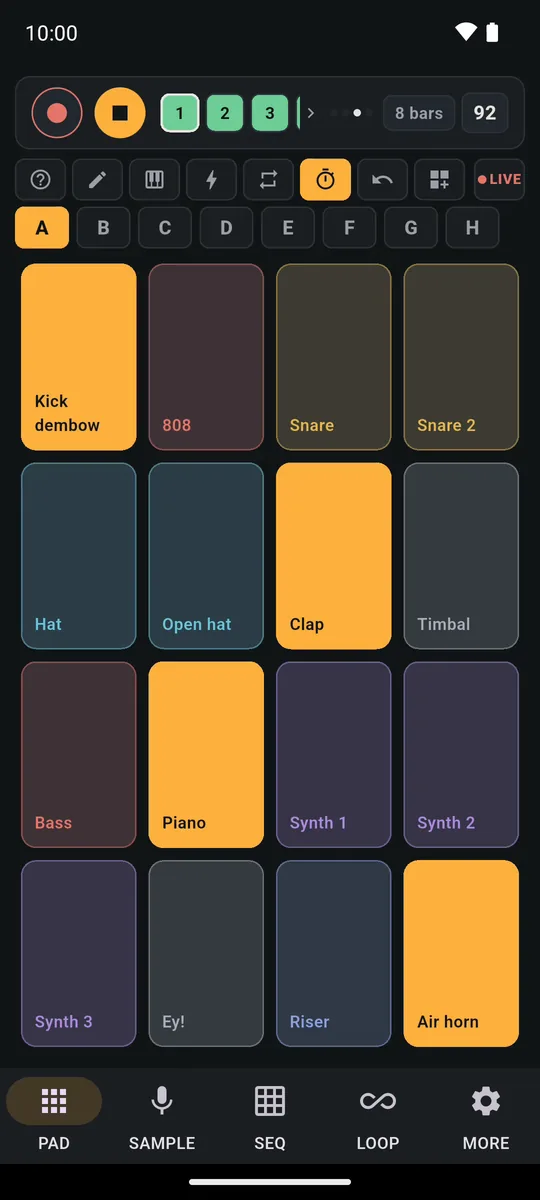 PadLoop PAD tab while a beat plays: bank A with 16 pads, four of them lit up in orange as they are hit