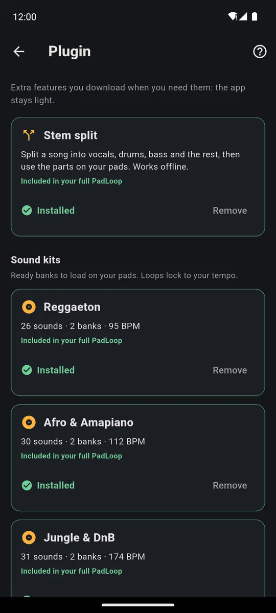 PadLoop Plugins page: Stem split installed, plus the Reggaeton, Afro & Amapiano and Jungle & DnB sound kits