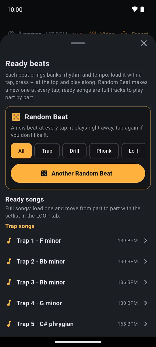 PadLoop Ready beats sheet: the Random Beat card with genre buttons (All, Trap, Drill, Phonk, Lo-fi) and the Another Random Beat button, above the list of Ready songs