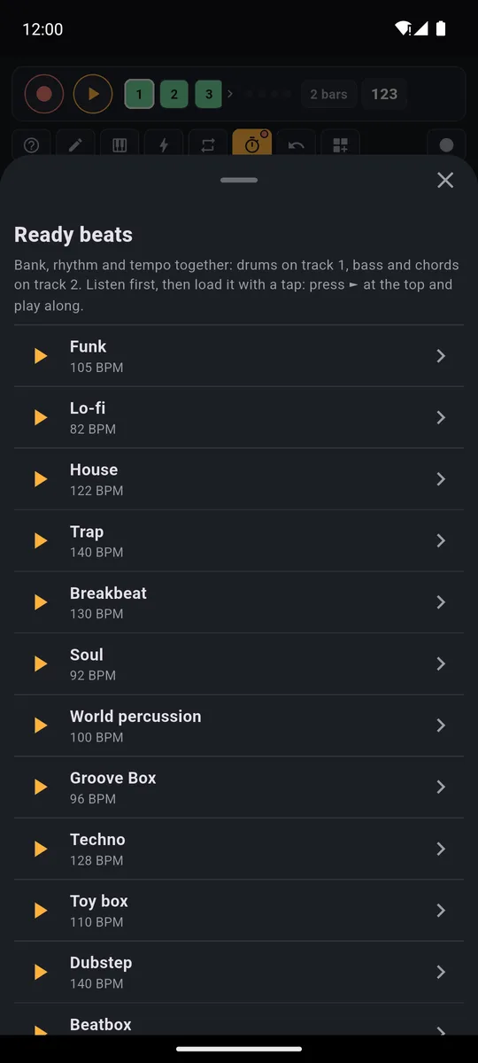 List of PadLoop Ready beats with their tempo: Funk, Lo-fi, House, Trap, Breakbeat, Soul, World percussion, Techno, Dubstep and more