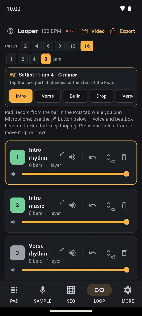 PadLoop LOOP tab with a ready song loaded: the Setlist with Intro, Verse, Build and Drop, and the song's tracks below, the Intro ones playing