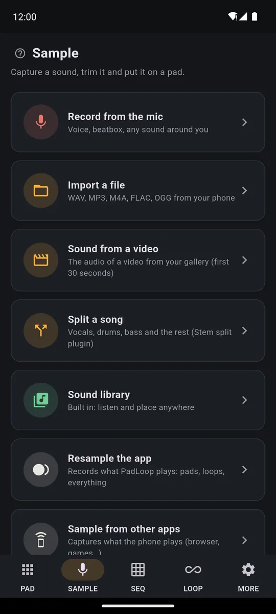 PadLoop SAMPLE tab: record from the mic, import a file, sound from a video, split a song, Sound library, resample the app and sample other apps