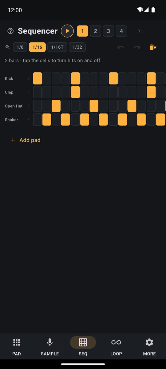 PadLoop step sequencer: a 2-bar grid in 1/16 with Kick, Clap, Open Hat and Shaker rows, lit squares marking the hits