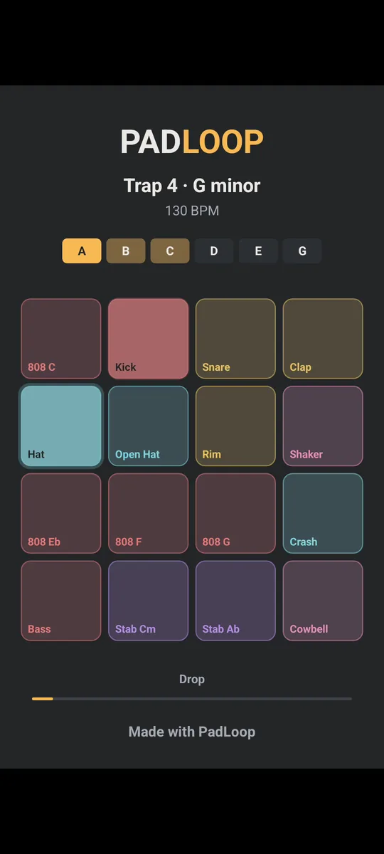 A frame of a vertical video made by PadLoop: the beat name and tempo, the 16 pads lighting up in time and the current part of the song