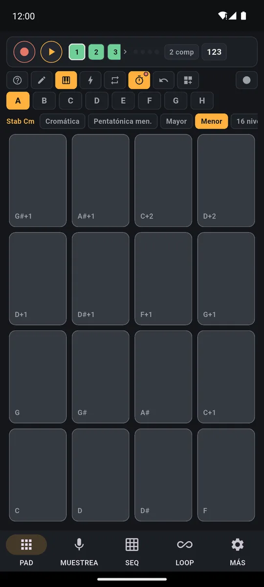 Teclado de PadLoop: un solo sonido repartido en los 16 pads como notas de la escala menor, con los botones de escala arriba