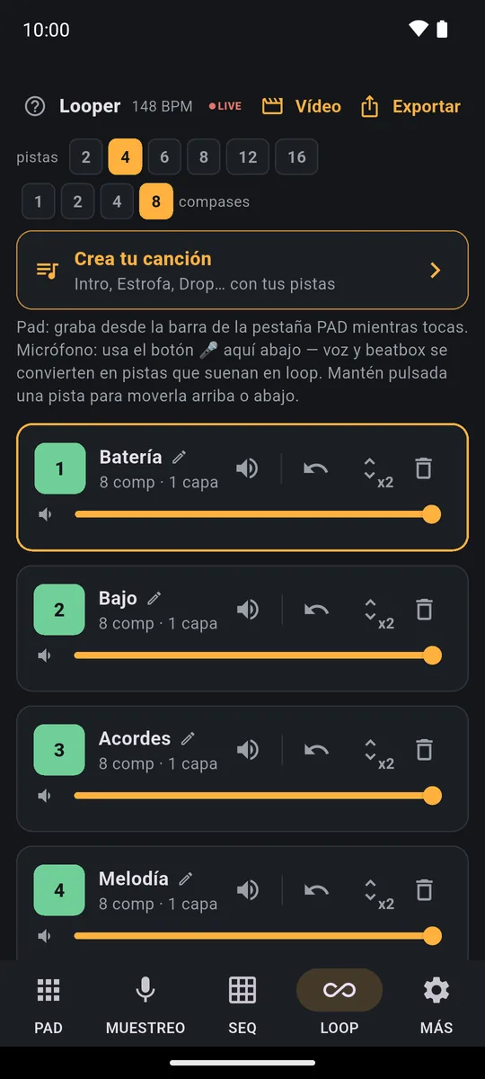 Pestaña LOOP de PadLoop tras un Random Beat: cuatro pistas de 8 compases llamadas Batería, Bajo, Acordes y Melodía, cada una con volumen, silencio, deshacer y borrar
