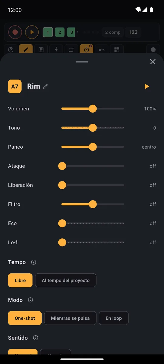 Ajustes de un pad de PadLoop: volumen, tono, paneo, ataque, liberación, filtro, eco, Lo-fi, tempo y modo