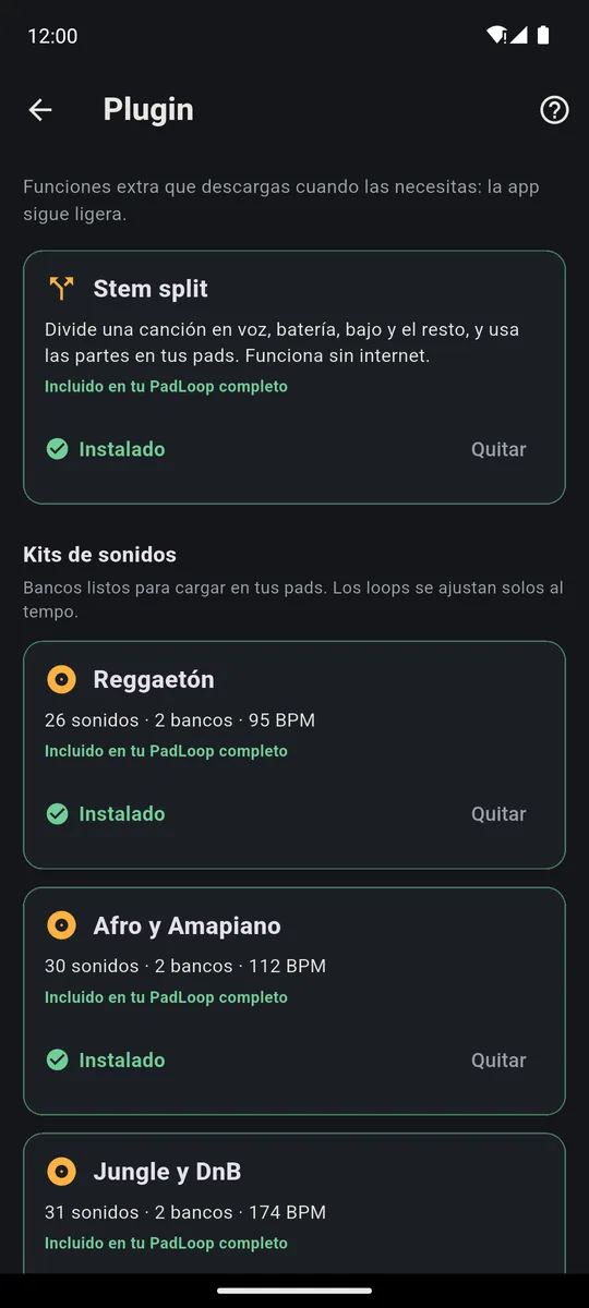 Página Plugin de PadLoop: Stem split instalado y los kits de sonidos Reggaetón, Afro y Amapiano y Jungle y DnB