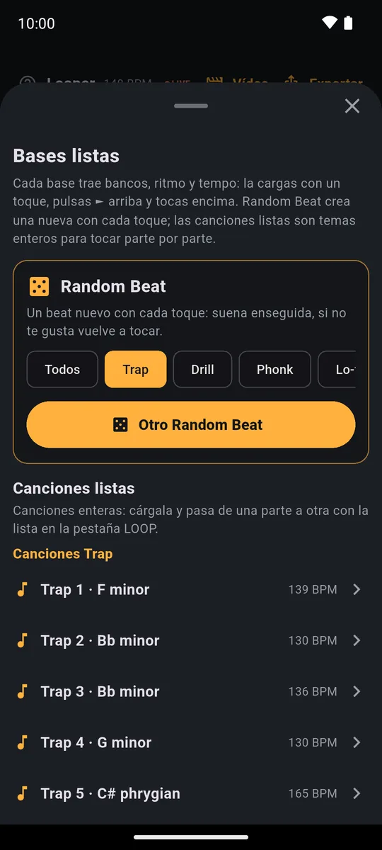 Hoja Bases listas de PadLoop: la tarjeta Random Beat con los géneros (Todos, Trap, Drill, Phonk, Lo-fi) y el botón Otro Random Beat, encima de la lista de Canciones listas
