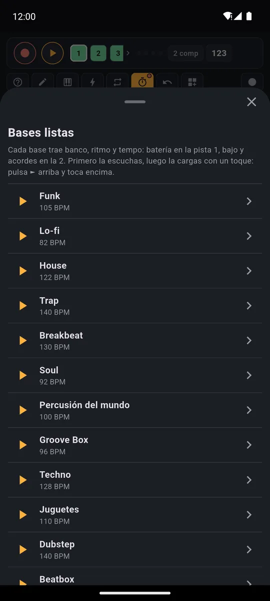 Lista de Bases listas de PadLoop con su tempo: Funk, Lo-fi, House, Trap, Breakbeat, Soul, Percusión del mundo, Techno, Dubstep y más