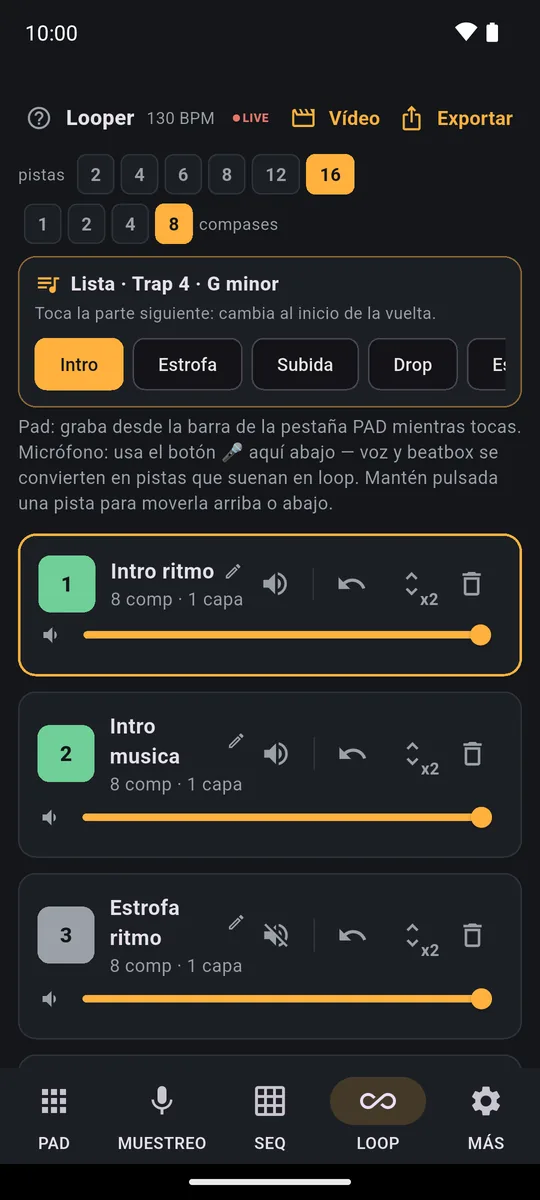 Pestaña LOOP de PadLoop con una canción lista cargada: la Lista con Intro, Estrofa, Subida y Drop y debajo las pistas de la canción, las de la Intro sonando
