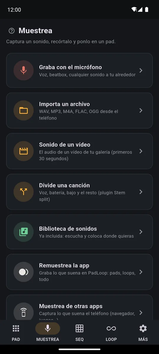 Pestaña MUESTREA de PadLoop: grabar con el micrófono, importar un archivo, sonido de un vídeo, dividir una canción, Biblioteca de sonidos, remuestrear la app y muestrear otras apps