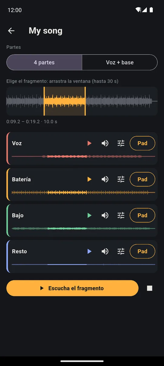 Una canción dividida por PadLoop en Voz, Batería, Bajo y Resto, cada parte con play, volumen y un botón para ponerla en un pad