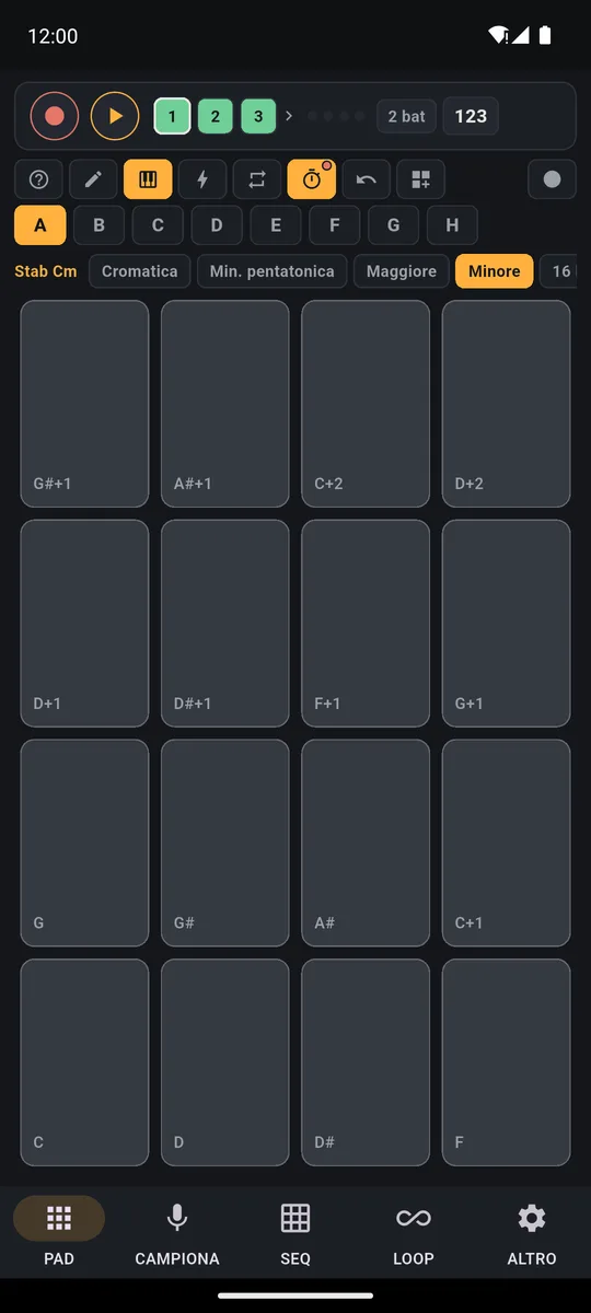 Tastiera di PadLoop: un solo suono distribuito sui 16 pad come note della scala minore, con i tasti delle scale in alto