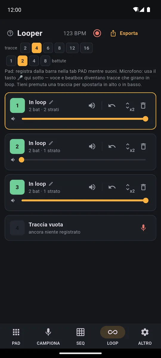 Scheda LOOP di PadLoop: tre tracce da 2 battute in loop, ognuna con volume, muto, annulla ed elimina, e una traccia vuota pronta per il microfono