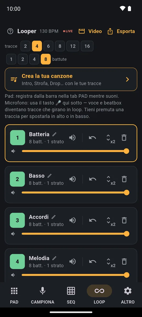 Scheda LOOP di PadLoop dopo un Random Beat: quattro tracce di 8 battute chiamate Batteria, Basso, Accordi e Melodia, ognuna con volume, muto, annulla ed elimina