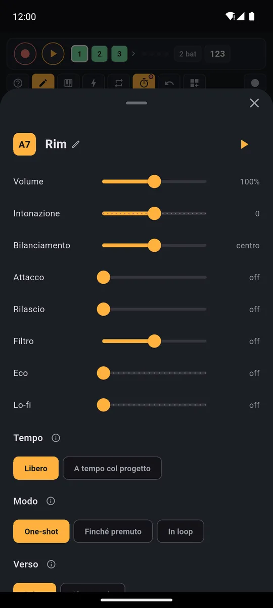 Impostazioni di un pad di PadLoop: volume, intonazione, bilanciamento, attacco, rilascio, filtro, eco, Lo-fi, tempo e modo di suono
