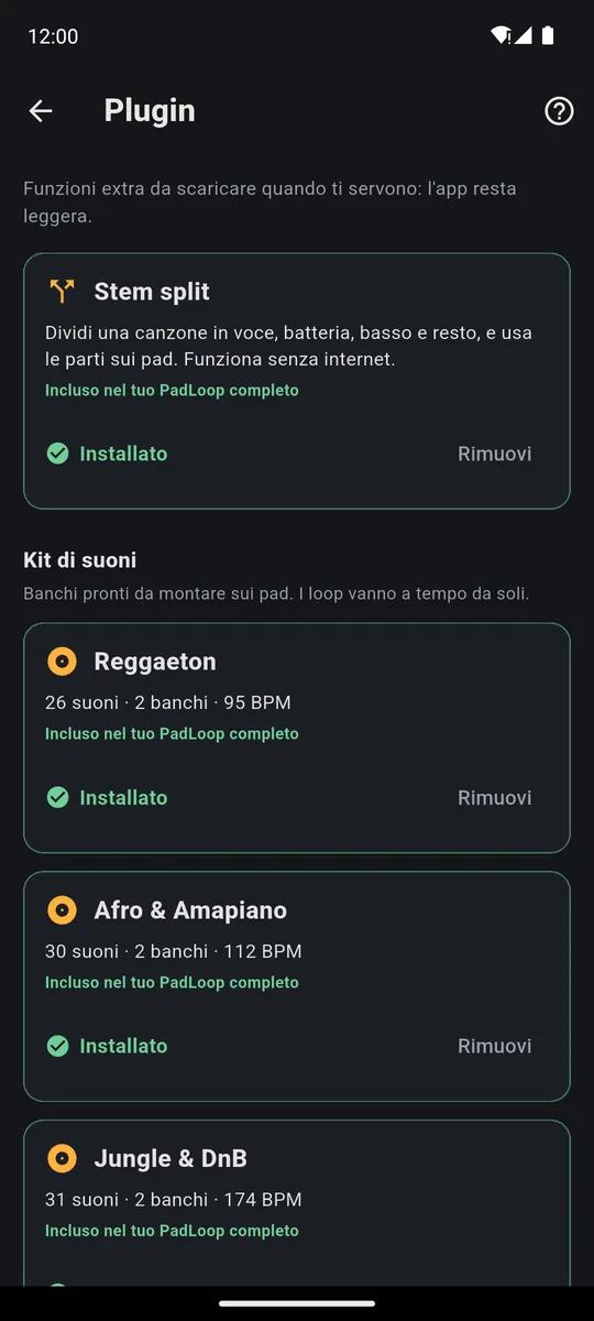 Pagina Plugin di PadLoop: Stem split installato e i kit di suoni Reggaeton, Afro & Amapiano e Jungle & DnB