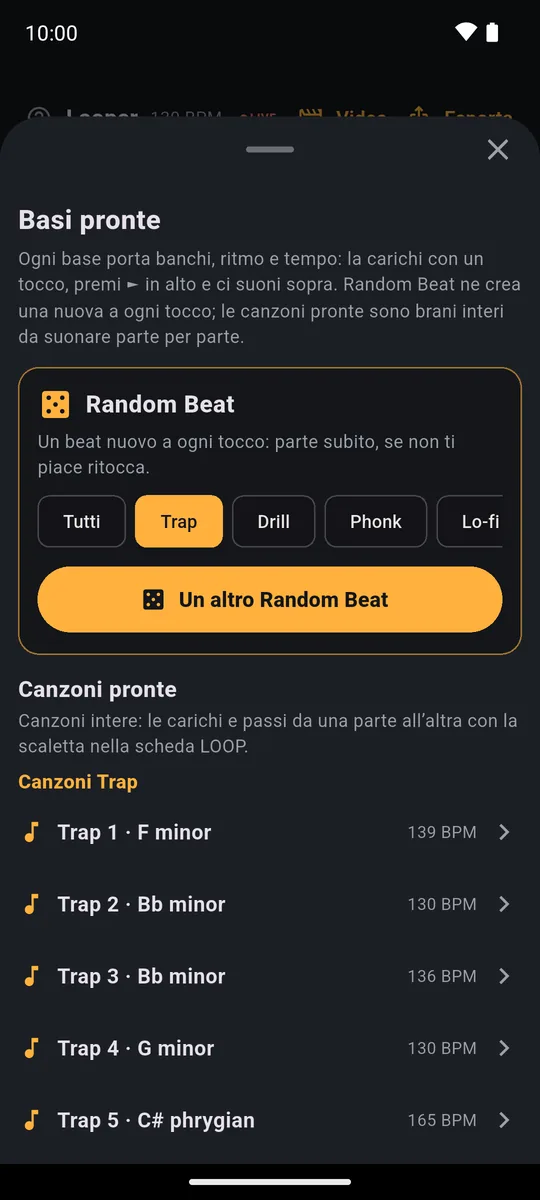 Foglio Basi pronte di PadLoop: la scheda Random Beat con i generi (Tutti, Trap, Drill, Phonk, Lo-fi) e il tasto Un altro Random Beat, sopra l'elenco delle Canzoni pronte