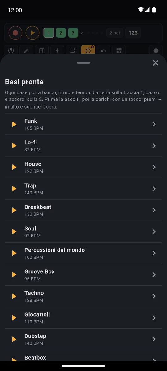 Elenco delle Basi pronte di PadLoop con il tempo: Funk, Lo-fi, House, Trap, Breakbeat, Soul, Percussioni dal mondo, Techno, Dubstep e altre