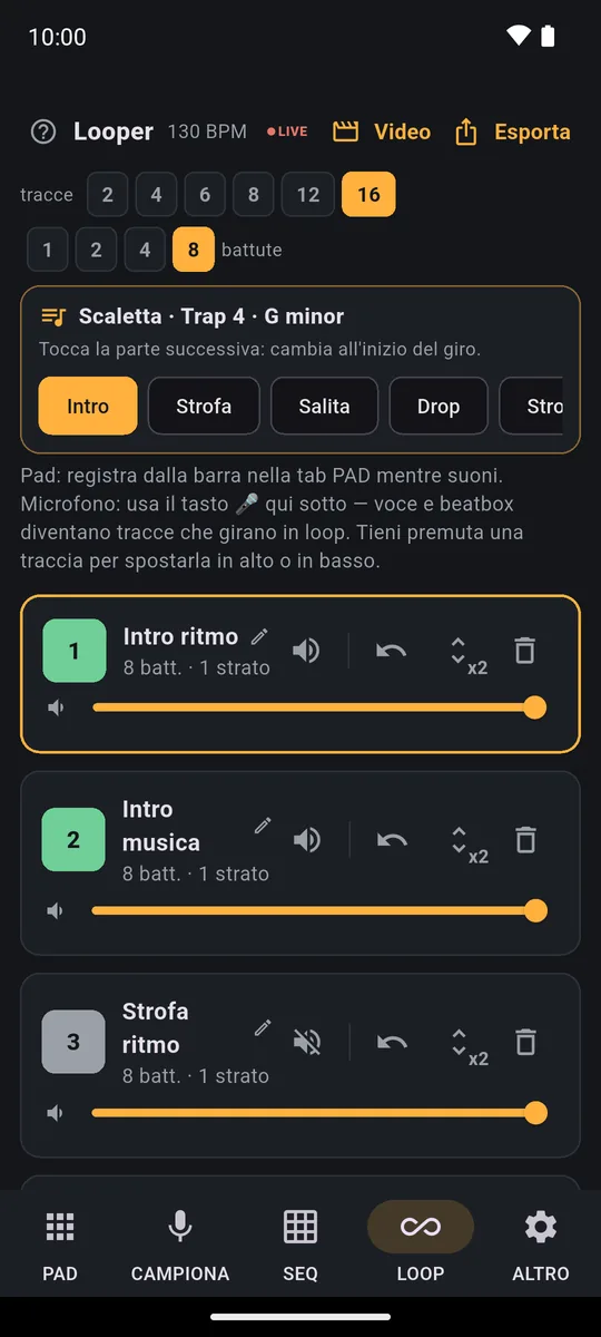 Scheda LOOP di PadLoop con una canzone pronta caricata: la Scaletta con Intro, Strofa, Salita e Drop e sotto le tracce della canzone, quelle dell'Intro accese