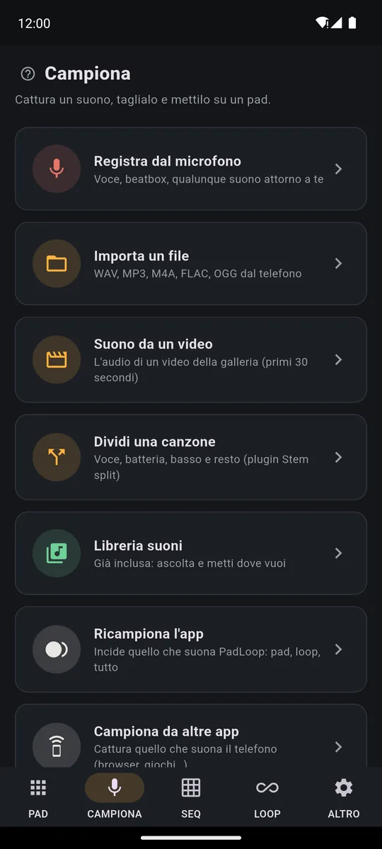 Scheda CAMPIONA di PadLoop: registra dal microfono, importa un file, suono da un video, dividi una canzone, Libreria suoni, ricampiona l'app e campiona da altre app
