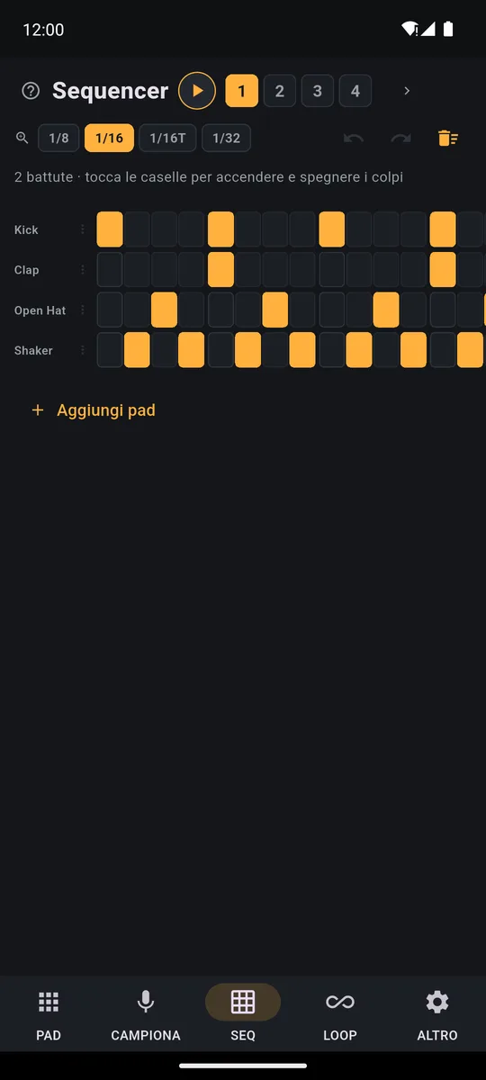 Sequencer di PadLoop: griglia di 2 battute in 1/16 con le righe Kick, Clap, Open Hat e Shaker e le caselle accese sui colpi