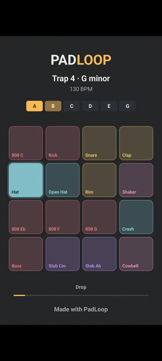 Un fotogramma di un video verticale fatto da PadLoop: nome del beat e tempo, i 16 pad che si accendono a tempo e la parte della canzone